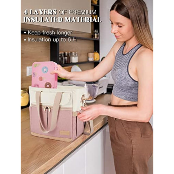 JOYHILL Lunch Bag for Women, Leakproof Insulated Lunch Box with Shoulder Strap, Adult Reusable Lunch Cooler Tote Bags for Work Picnic Camping School Beach, Pink