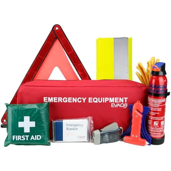 EVAQ8 Advanced Car Safety Kit with Extinguisher and Torch UK Standard Parts Includes Warning Triangle, First aid kit, Emergency Blanket, Safety Hammer, Torch, high Visibility Vest, Carry Bag