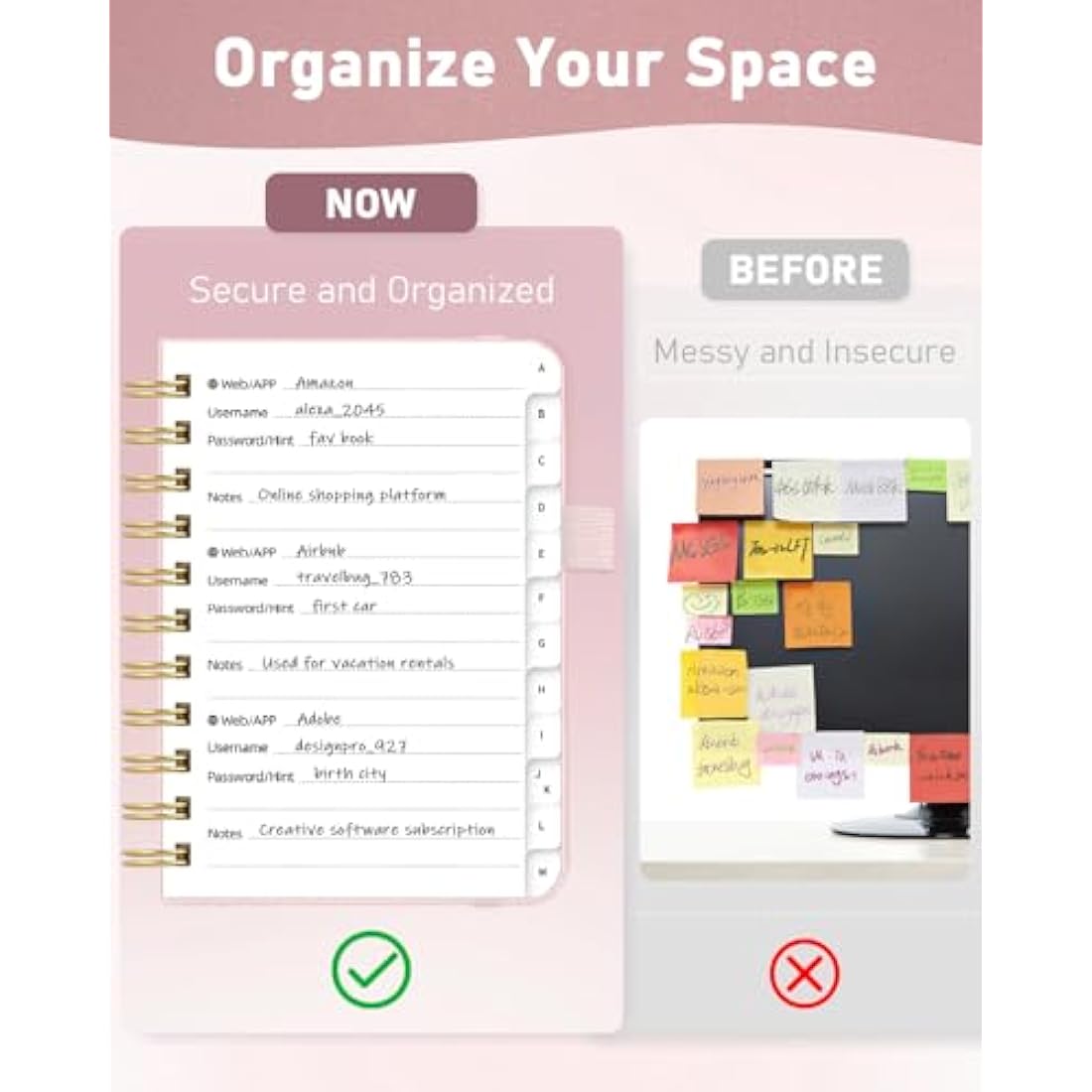 WEMATE Spiral Password Book with Alphabetical Tabs, Small Password Keeper Book for Seniors, Internet Password Notebook Hardcover Password Journal logbook – 12 x 15cm (Rose Gold)