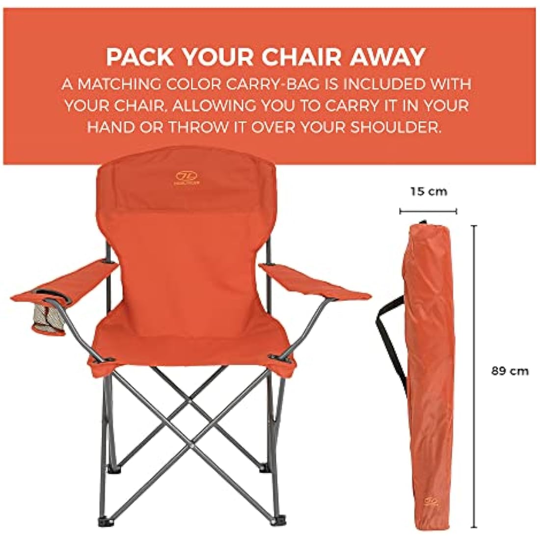 Highlander Camping Chair - Compact & Lightweight Folding Chair, 2.2kg, Portable Chair for Outdoors, Durable Steel Frame Arm Chair with Cup Holder