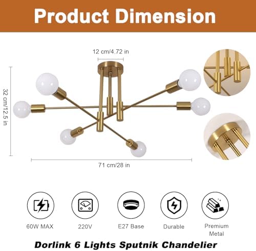Dorlink Sputnik Ceiling Light, 6-Light Gold Adjustable Modern Ceiling Lamp, E27 Mid Century Metal Light Fittings Ceilings for Living Room, Dining Room, Kitchen, Bedroom (Electroplated Gold)