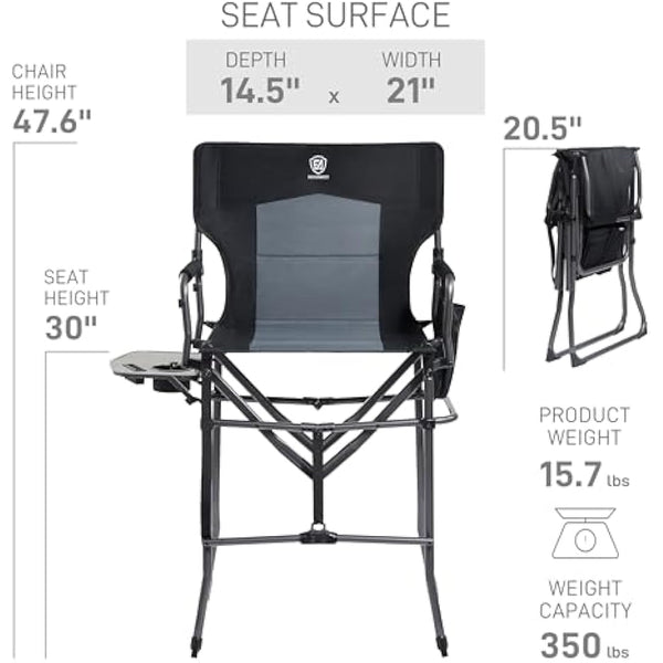 EVER ADVANCED Portable 76CM Seat Height Tall Folding Camping Chair Directors Chair High Foldable Bar Stool with Side Table for Makeup Artist, Sports Event, Craft Show, Supports 160KG Black Grey