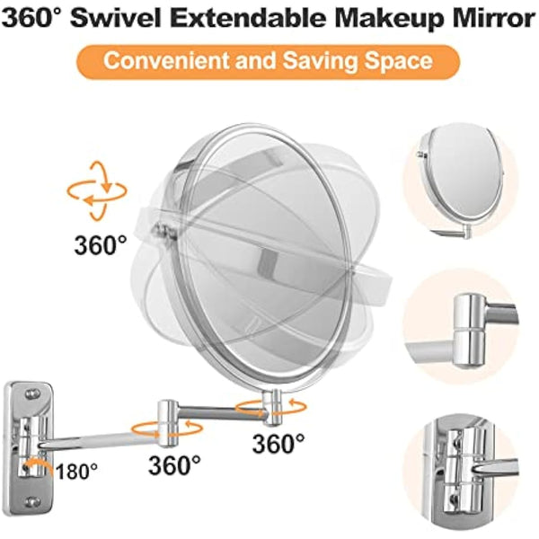 FFowcye 9" Wall Mounted Makeup Mirror, 1x/7x Magnifying Shaving Mirror, Double Sided Bathroom Shower Mirror with Extendable Arm, 360° Swivel for Precise Makeup & Vanity, Chrome Finish (No Light)