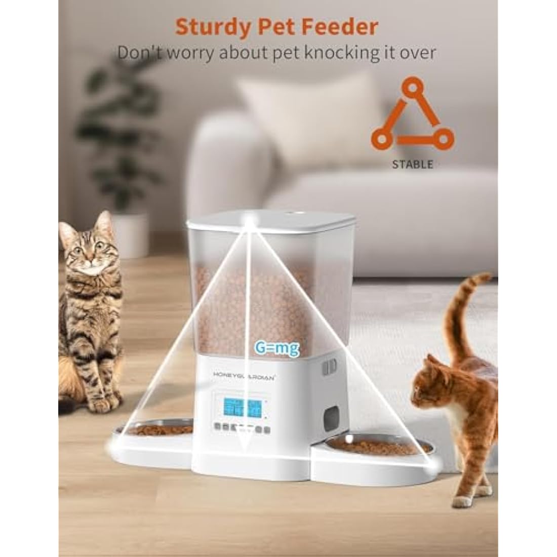 HoneyGuaridan Automatic Cat Feeders for 2 Cats, 3.5L Cat Food Dispenser with Double Bowls,Two Way Splitter Cat Feeder for Dry Food,Programmable 1-6 Meals Control, Dual Power Supply