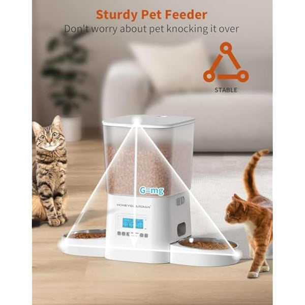 HoneyGuaridan Automatic Cat Feeders for 2 Cats, 3.5L Cat Food Dispenser with Double Bowls,Two Way Splitter Cat Feeder for Dry Food,Programmable 1-6 Meals Control, Dual Power Supply