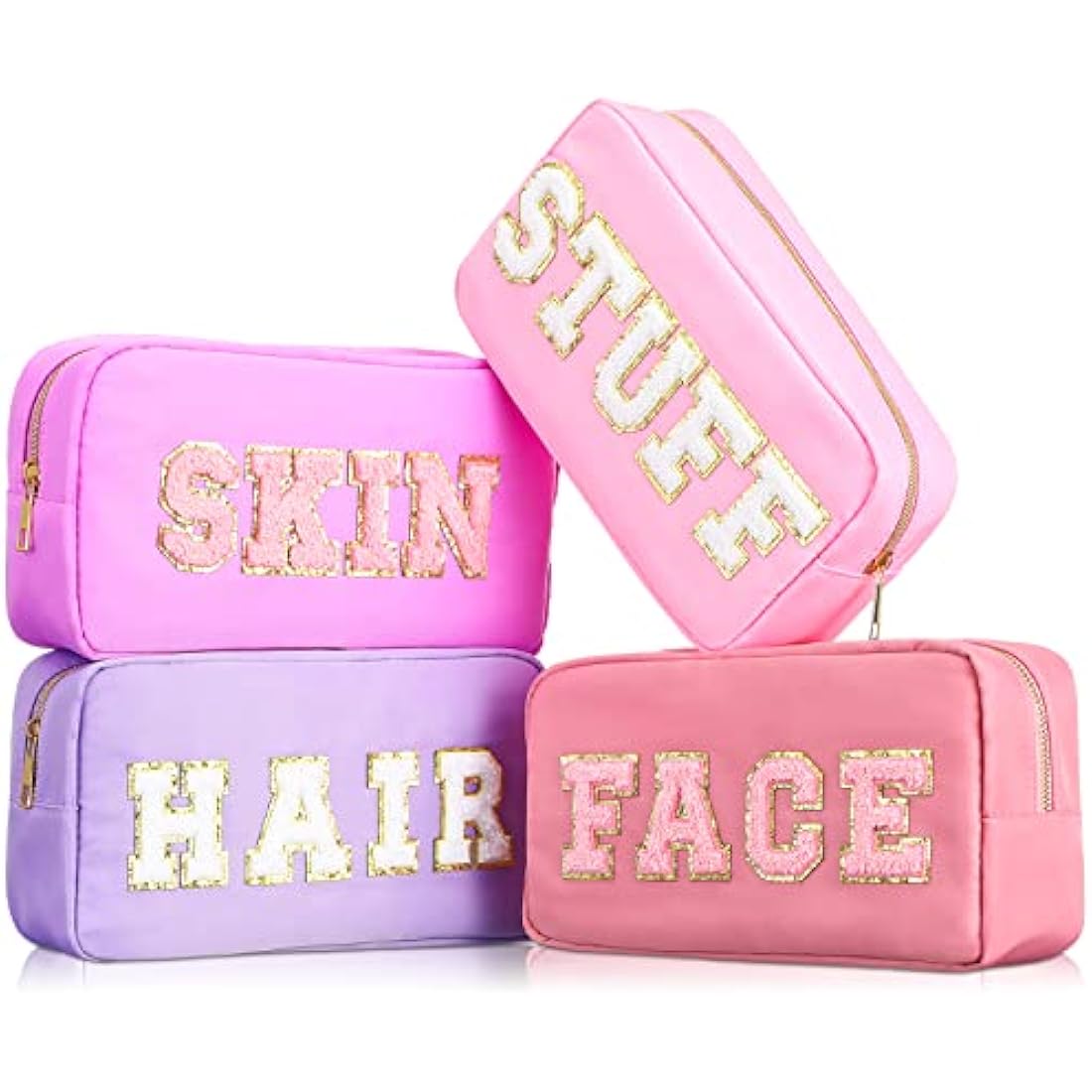 4 Pcs Preppy Makeup Bag Chenille Letter Nylon Cosmetic Bag Makeup Organizer Bag Toiletry Cosmetic Case Preppy Bag with Zipper Stuff Bag Cosmetic Pouch Makeup Pouch for Women Teen Girl, Mixed Colors
