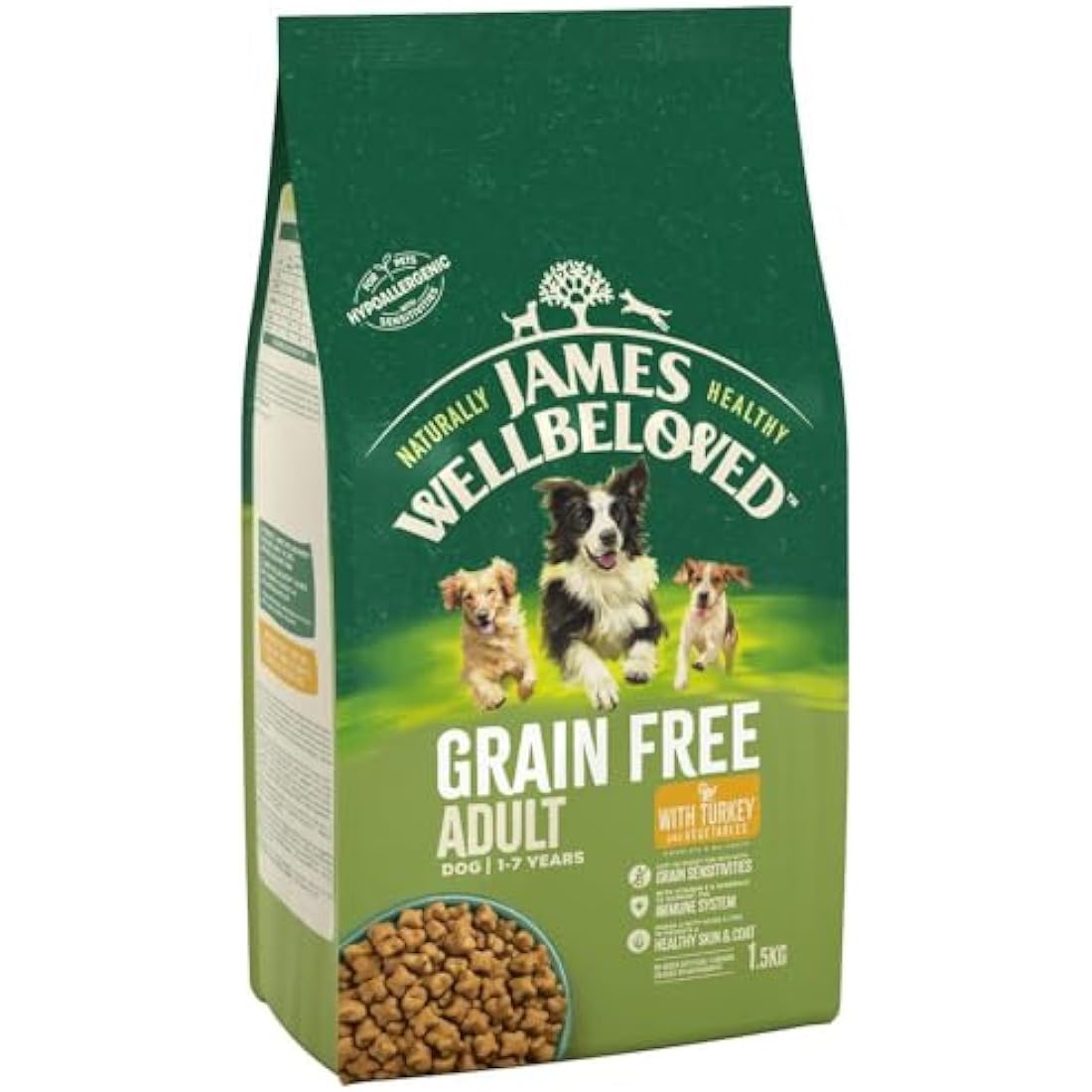JAMES WELLBELOVED Hypoallergenic Grain Free Adult Dry Dog Food - 1.5 kg - Turkey & Vegetables - Bulk Dry Dog Food Pack