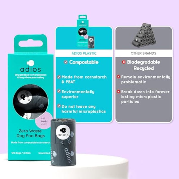 Adios Plastic - Compostable Dog Poop Bags with Handles, 360 Count (24 Rolls) - Grey - Extra Thick, Leakproof, Odour Proof Dog Waste Bags - Made from Compostable Cornstarch - Easy Tear Rolls
