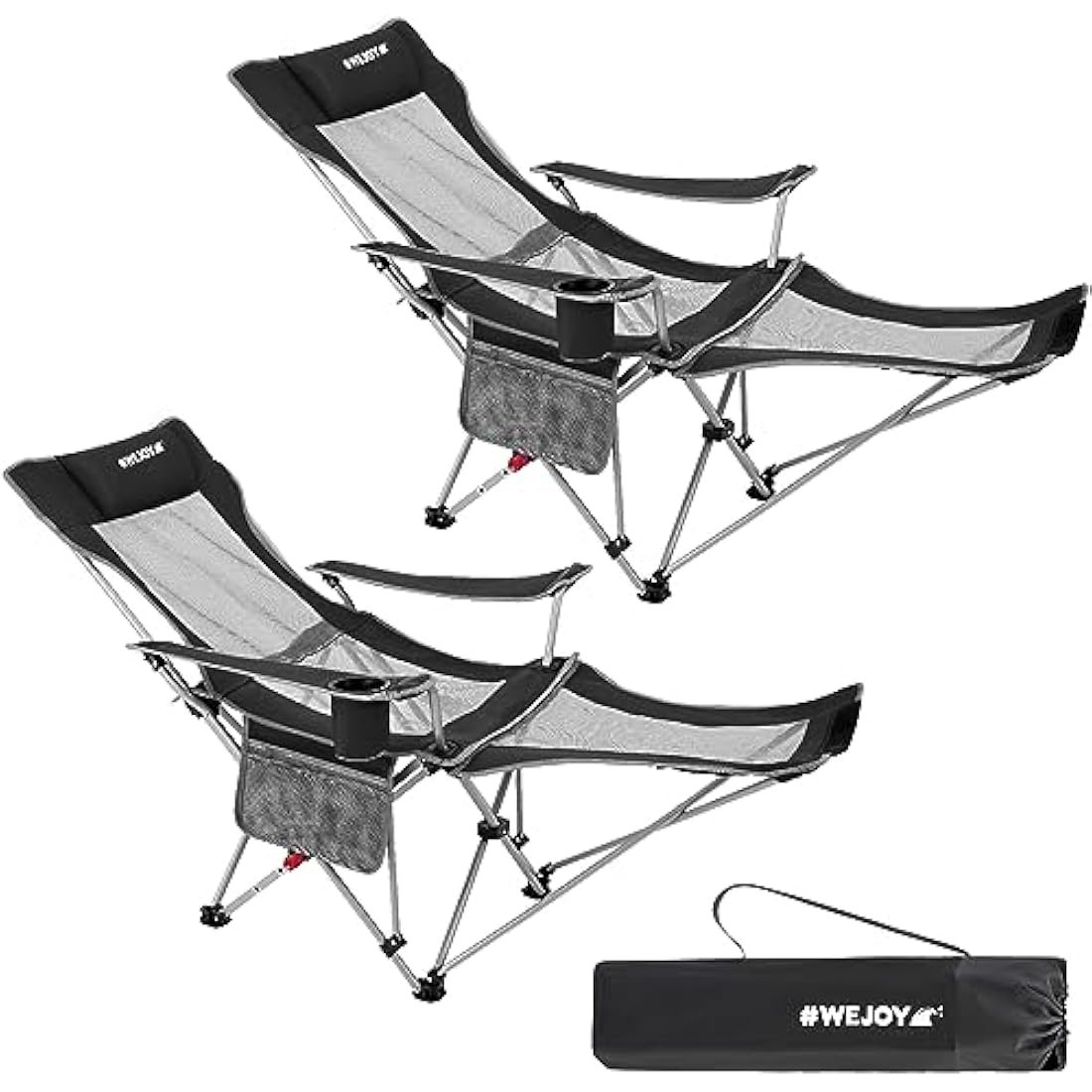 #WEJOY Camping Chairs Folding Recliner Chair Adjustable with Detachable Footrest Headrest Cup Holder Lightweight Portable Reclining Camp Chair Fold Up Chair for Outdoor Beach Garden, Black Set of 2
