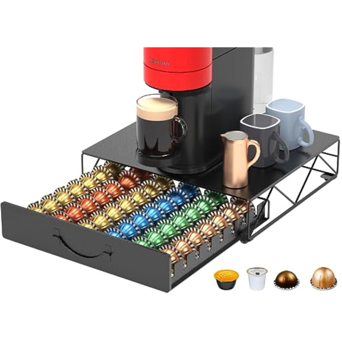 HFHOME Metal Coffee Pod Holder for 48 Nespresso Vertuo & Dolce Gusto Pods, Nespresso VertuoLine Capsule Drawer Organiser Coffee Machine Stand