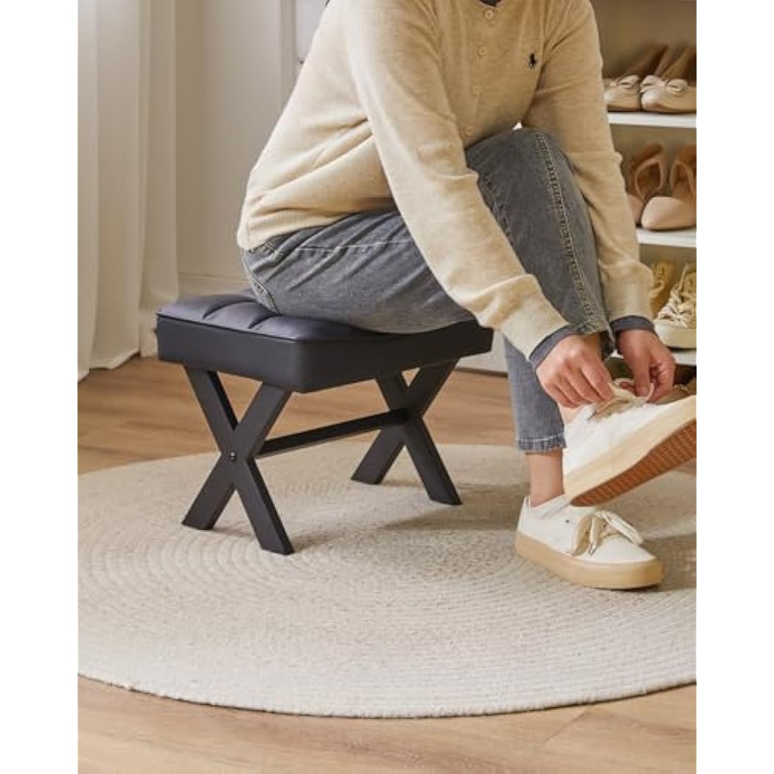 IBUYKE Small 12" H Footrest Stool, Square PU Foot Stool with Metal X-Leg, Multi-Use as Small Side Table, Step Stool for Living Room, Bedroom, Entryway, Office, Black WBD012B