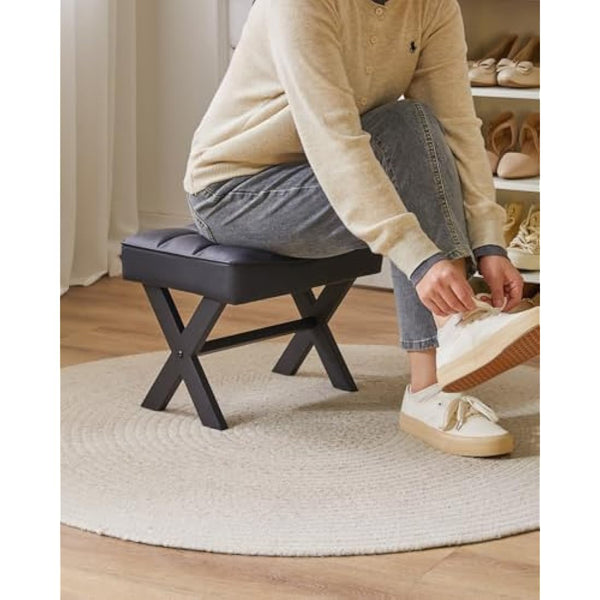 IBUYKE Small 12" H Footrest Stool, Square PU Foot Stool with Metal X-Leg, Multi-Use as Small Side Table, Step Stool for Living Room, Bedroom, Entryway, Office, Black WBD012B