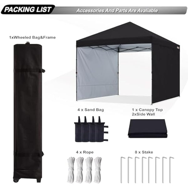 ABCCANOPY 2.5x2.5M Pop up Gazebo With Two Side Panels Upgraded Roller Bag, 4 Weight Bags, Stakes and Ropes (Black)