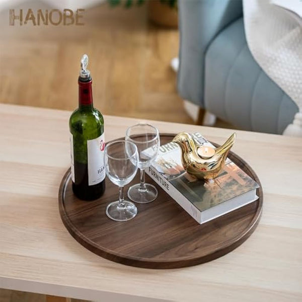 Hanobe Large Ottoman Serving Tray: Round Walnut Veneer Wooden Decorative Coffee Table Tray Rustic Circle Big Charcuterie Board Farmhouse Home Decor for Living Room 45cm