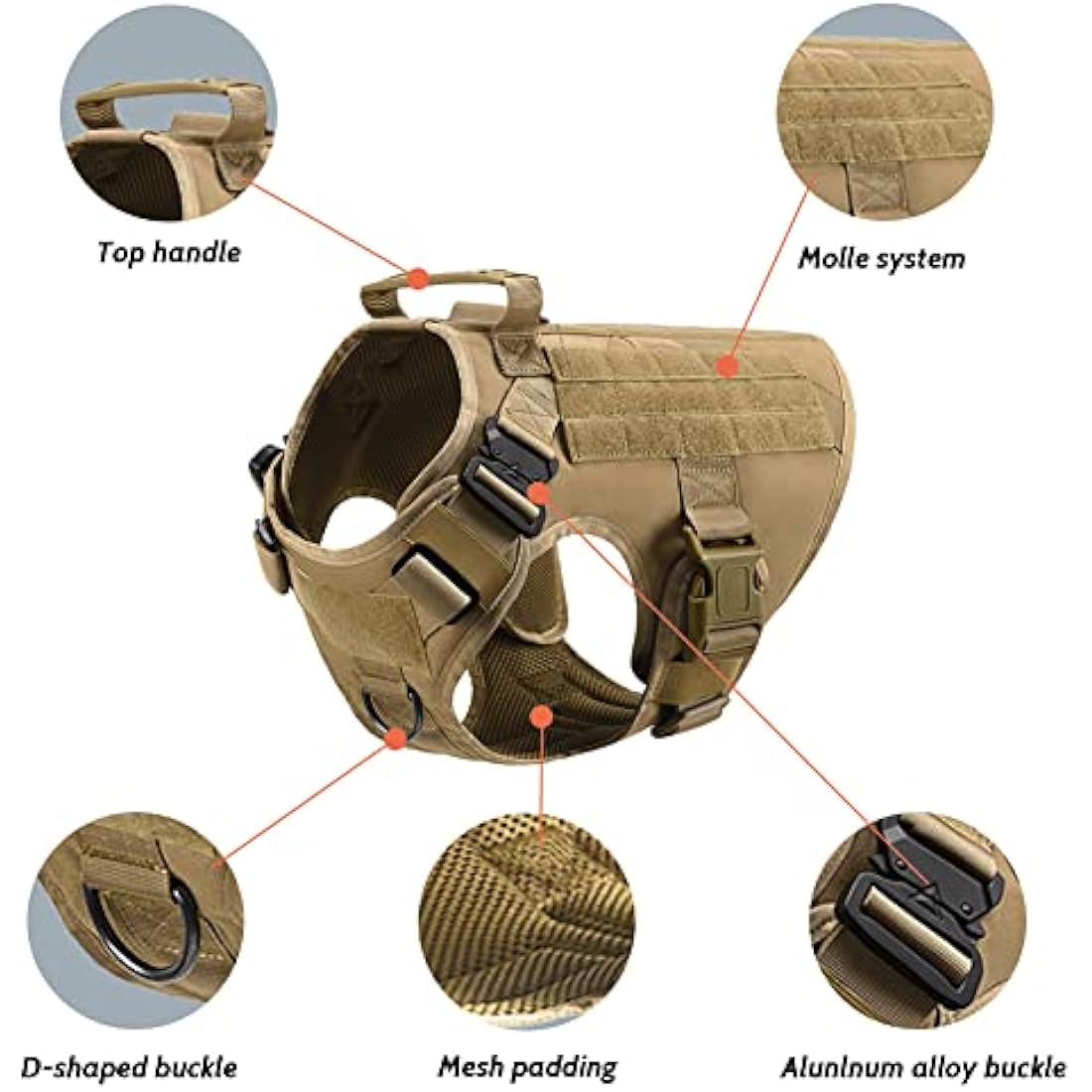 FEimaX Tactical Dog Harness for Military Patrol Working Dog No Pull Molle Vest Large Dogs Service Harness with Handle and Front Clip for Hunting Training Hiking (Brown, S)