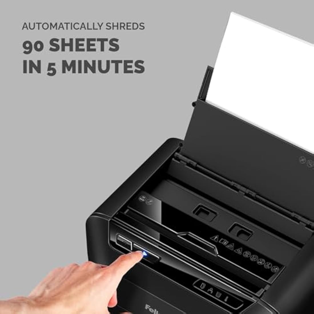 Fellowes Paper Shredder for Home Office - 90 Sheet Auto Feed, 9 Sheet Manual Feed Mini Cut - AutoMax 90M Hybrid with Sleep Mode, 17L Bin - Advanced Security P4 - Black