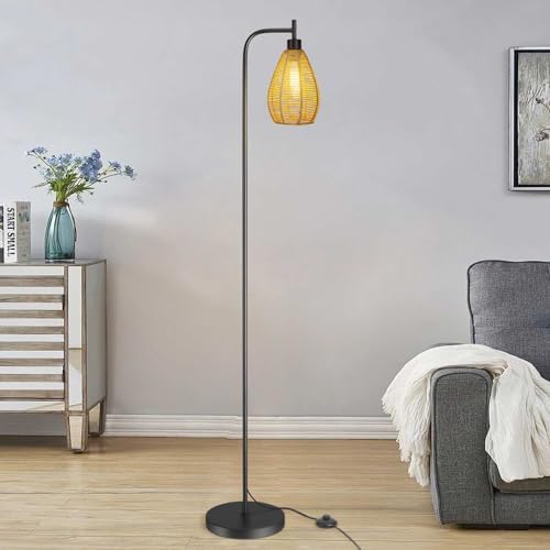 ArcoMead Farmhouse Floor Lamp, Tall Standing Whole Metal Light with Hand-Woven Paper Rope Teardrop Cage Head & Foot Switch, Boho Standing Lamps, Black Reading Lights for Bedroom, Living Room, Decor