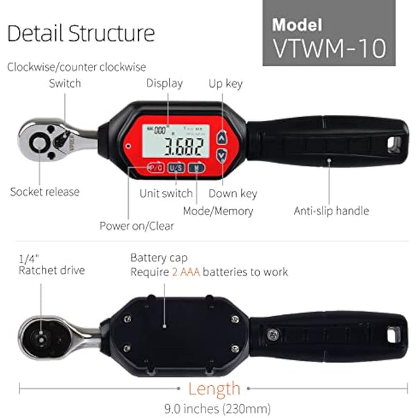 VPOER Digital Torque Wrench 1/4-inch Drive, 0.22-7.37 ft-lbs (0.3-10 Nm) (2.65-88.5 inch Pound) with Buzzer & LED, Calibrated