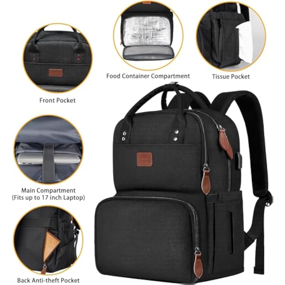 MATEIN Laptop Lunch Backpack, Picnic Backpack with Insulated Compartment, 17 Inch Ice Rucksack for Men Women with USB Port, Cooler Lunch Bag for Camping Travel Business Work, Black