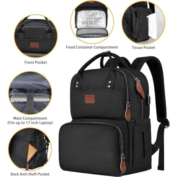 MATEIN Laptop Lunch Backpack, Picnic Backpack with Insulated Compartment, 17 Inch Ice Rucksack for Men Women with USB Port, Cooler Lunch Bag for Camping Travel Business Work, Black