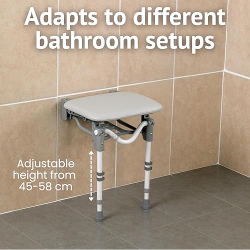 Homecraft Padded Shower Stool – Adjustable Height Water Seat, Ergonomic Folding Shower Chair for Adults, Non Slip Bathroom Stool, Plastic Perching Stool for Elderly, Compact Bathroom Stool