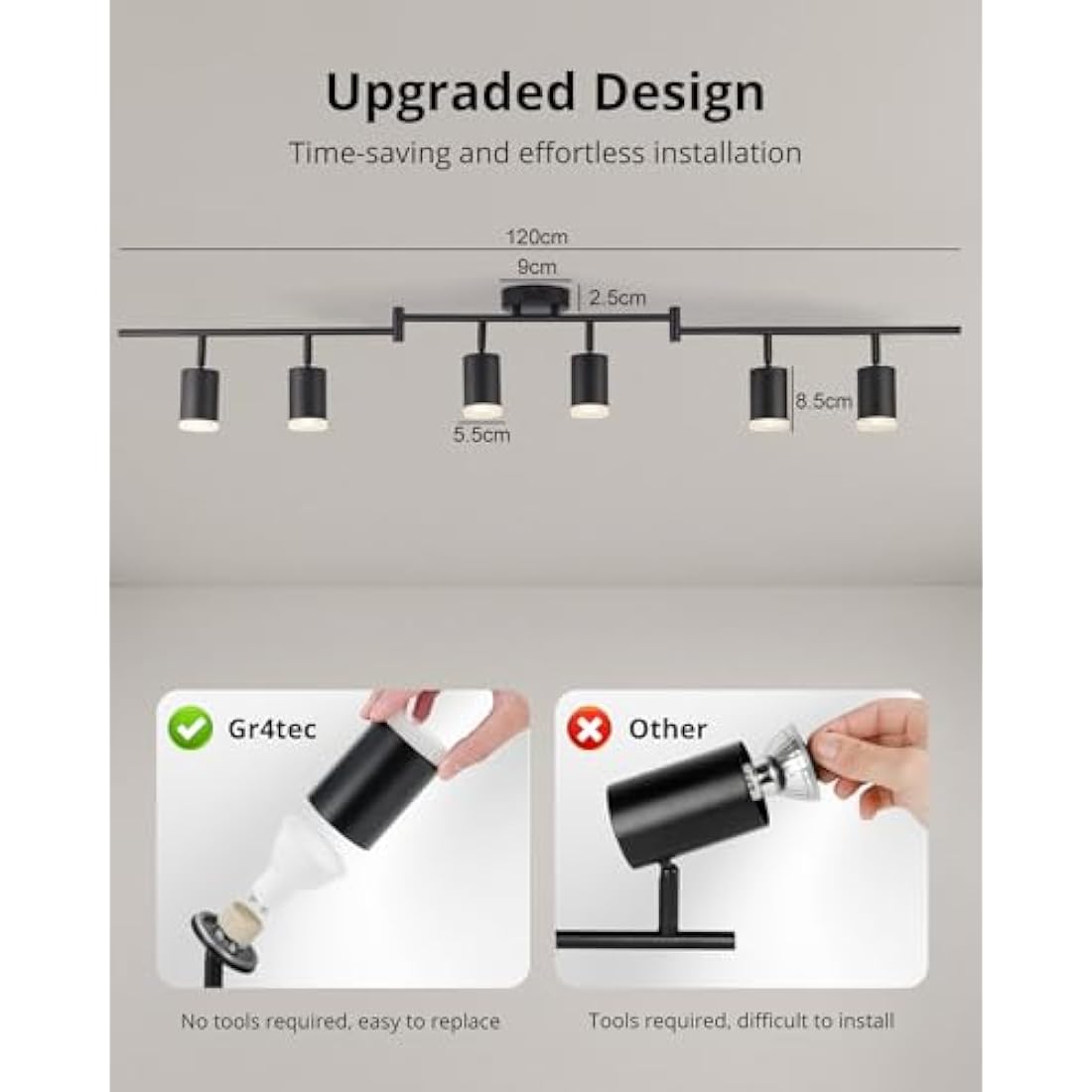 Gr4tec Spotlight Ceiling Lights 6 Way, Black Ceiling Light Fitting Rotatable, Modern LED Spotlight Bar GU10, Indoor Kitchen Spot Light for Living Room Bedroom Hallway, Bulb Not Included