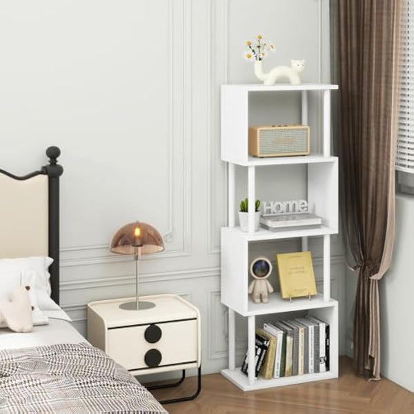 IBUYKE 5/6-Tier Tall Bookshelf,S-Shaped Geometric Bookcase, Wood Display Shelves With Storage,Modern Bookshelf for Living Room Bedroom, Home Office, White WBC015W