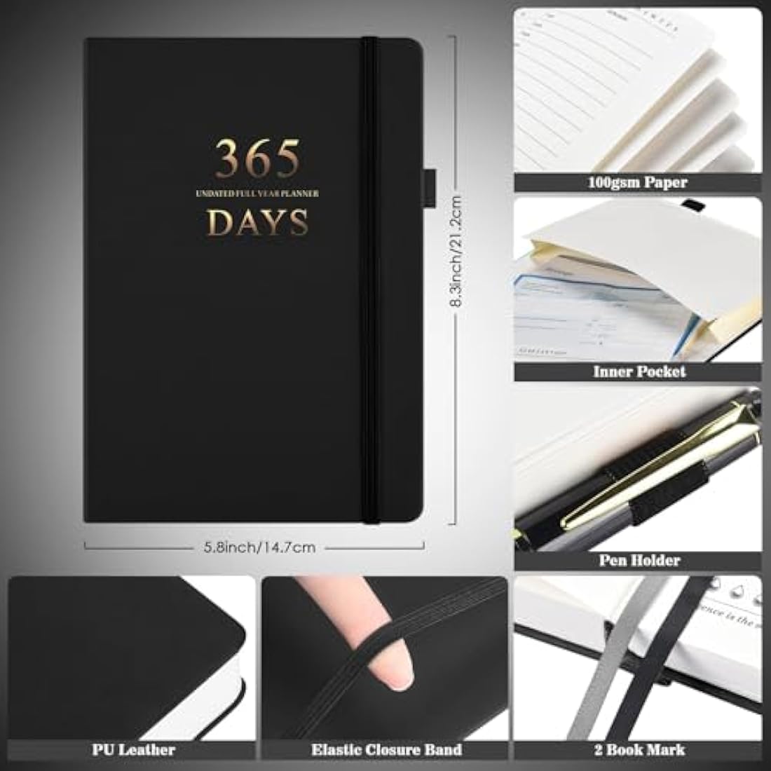 Asten Planner, Undated Daily Planner with To Do List, 365 Days Planner for ADHD Adult, Agenda Men, Hourly Planner Notebook for Goal Setting, Productivity Planner with Calendar, 8.3'' x 5.8'' (Black)