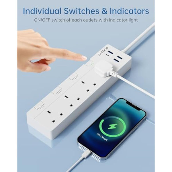 AICODE 4-Way Extension Lead With USB Slots, Surge Protected, 1.5M Extension Cable, Individual Switches, 1 USB C & 3 USB A Ports, Multi Plug Adapter Socket, Wall Mount for Home, Office White