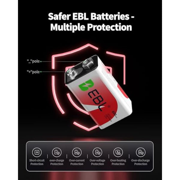EBL 9 Volt 600mAh Rechargeable Batteries Li-ion Batteries with Smart LCD 9V Battery Charger for 9V Lithium-ion/Ni-MH/Ni-CD Rechargeable Batteries