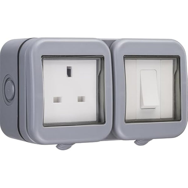 BG Electrical Outdoor Single Unswitched Power Wall Plug Socket and Single Wall Switch Combo, Weatherproof, 13A, IP55 Rated, WPB21