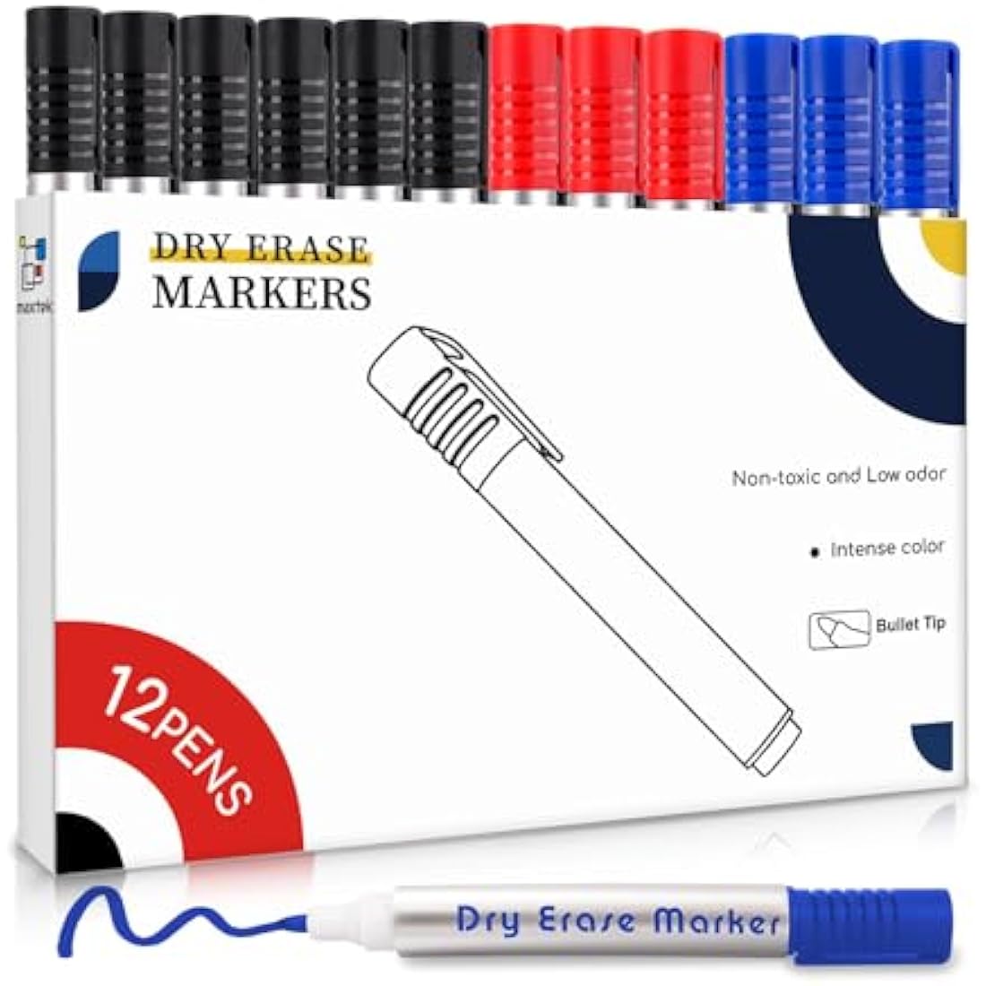 maxtek Whiteboard Pens Markers, 3 Assorted Colours Black Blue Red Dry Erase Pens, Bullet Tip White Board Markers Erasable, Dry Wipe Pens for Office, Schools, Home