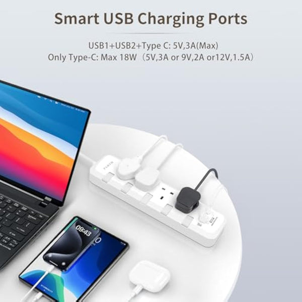 Extension Lead with USB Slots, 3m Long Heavy Duty Cable Extension Cord, Surge Protected Extension Plug with PD18W QC 3.0 USB Ports, 3 Metre 4 Way UK 13a Plug Extension Sockets Power Strip with Switch