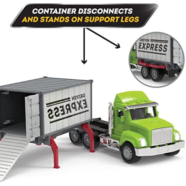 Driven by Battat – 7-Inch Container Truck Toy with Lights & Sounds, Movable Parts, Utility Vehicle for Boys & Girls, Durable Design, Realistic Details, 3+ Years Toy for Kids