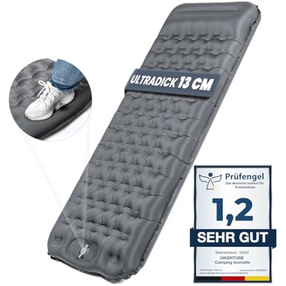 HIKENTURE Self-Inflating Sleeping Mat, 13 cm Ultra Thick Sleeping Mat Camping with Cushion, Inflatable Air Mattress, Small Pack Size, Ultralight Sleeping Mat with Foot Pump for Outdoor, Hiking, Tent -