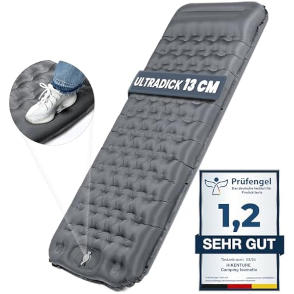 HIKENTURE Self-Inflating Sleeping Mat, 13 cm Ultra Thick Sleeping Mat Camping with Cushion, Inflatable Air Mattress, Small Pack Size, Ultralight Sleeping Mat with Foot Pump for Outdoor, Hiking, Tent -