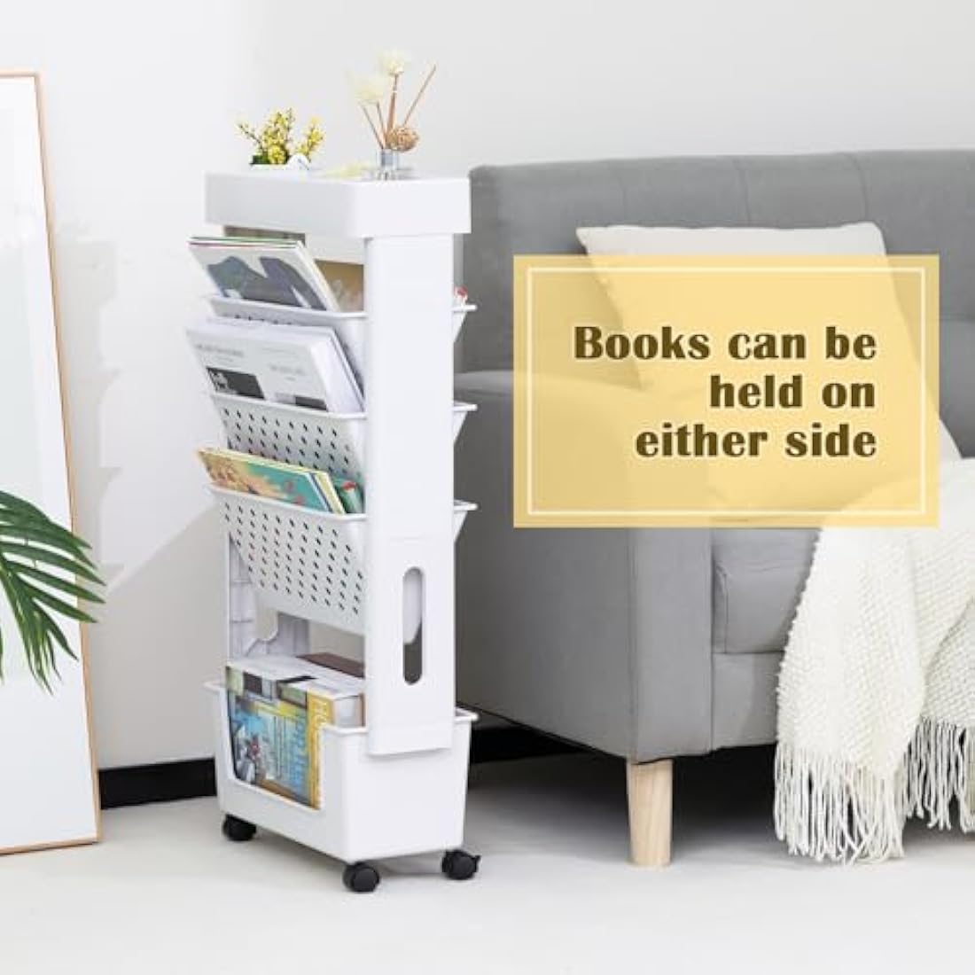 DOEWORKS Mobile Bookshelf with Wheels Bookshelf Trolley Small, Book Storage Trolley Cart 5-Tier Rolling Bookcase, Movable Bookshelf trolley Slim Bookcase for Living Room Bedroom Office Library, White