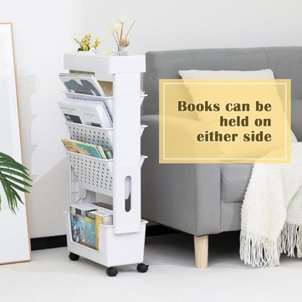 DOEWORKS Mobile Bookshelf with Wheels Bookshelf Trolley Small, Book Storage Trolley Cart 5-Tier Rolling Bookcase, Movable Bookshelf trolley Slim Bookcase for Living Room Bedroom Office Library, White