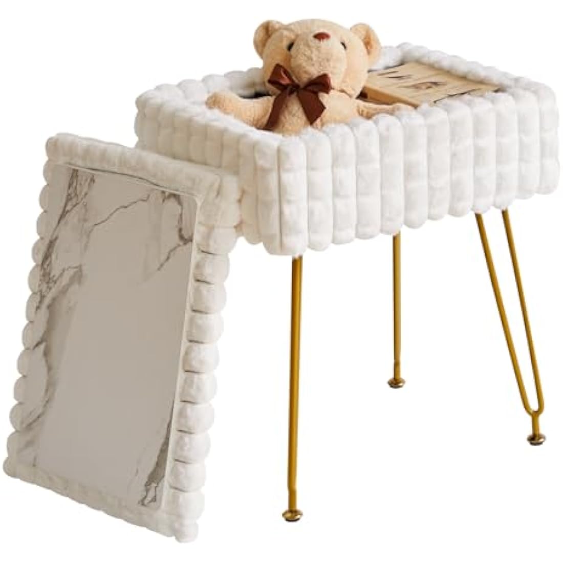 IBUYKE Rectangle Vanity Chair with Storage Space, Footrest Footstool Ottoman, Vanity Stool, Dressing Table Chair, with Anti-Slip Feet, for Makeup Room, Bedroom, Square grid pattern, White WBD004W