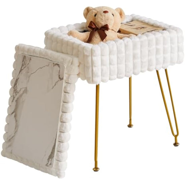 IBUYKE Rectangle Vanity Chair with Storage Space, Footrest Footstool Ottoman, Vanity Stool, Dressing Table Chair, with Anti-Slip Feet, for Makeup Room, Bedroom, Square grid pattern, White WBD004W