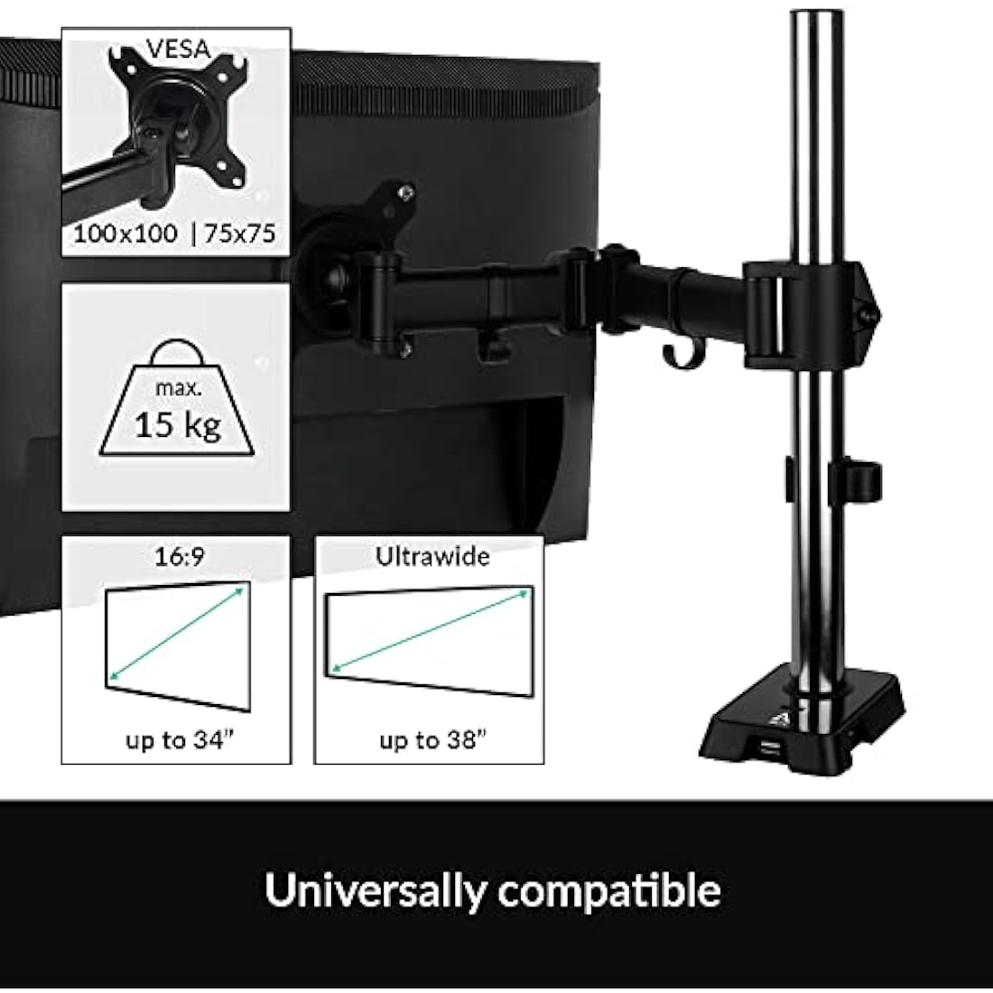 ARCTIC Z1 (Gen 3) - Desk Mount Single Monitor Arm, Monitor stand for up to 34"/38'' Ultrawide, up to 15 kg (33 lbs), Easy Monitor Mount Adjustment - Matt black