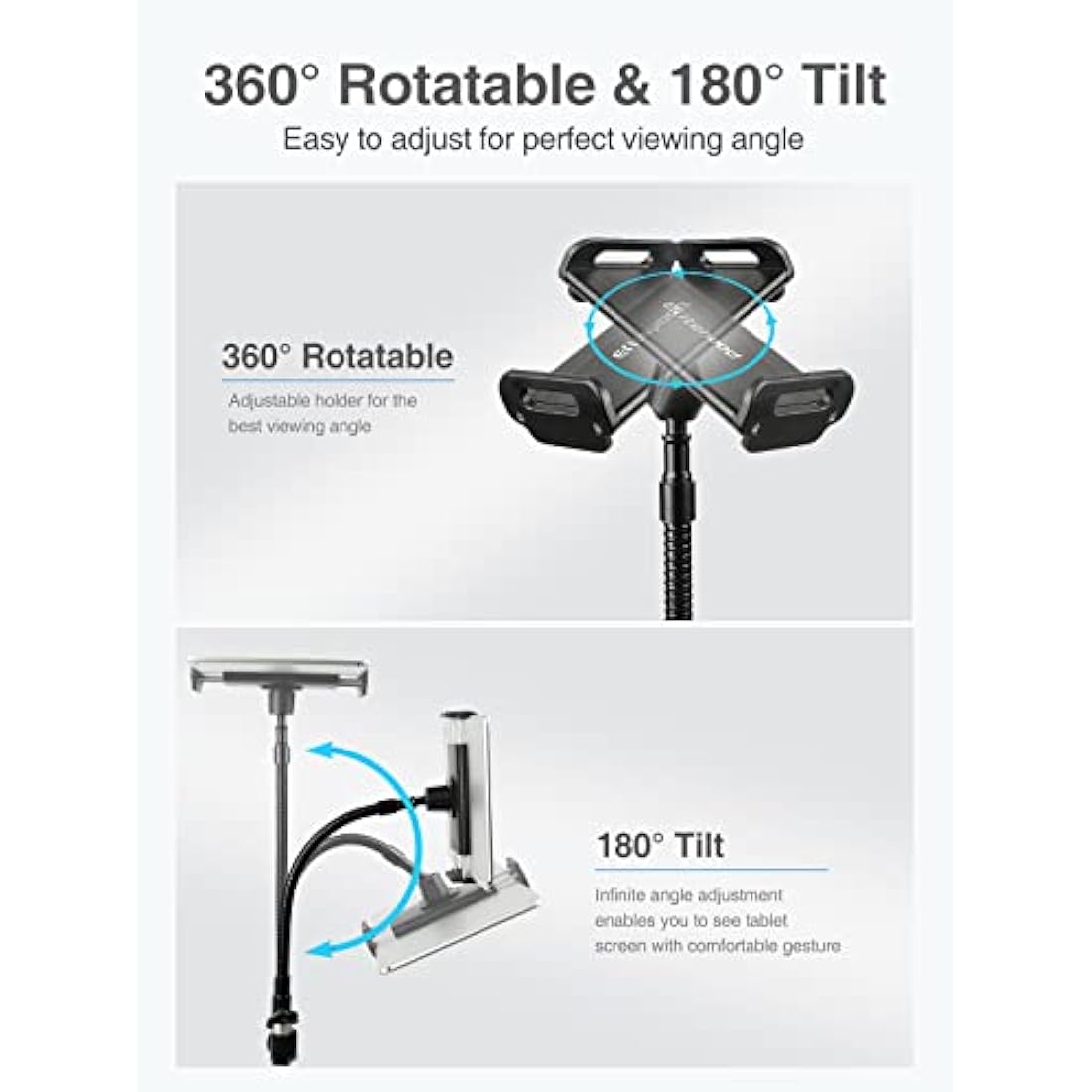 elitehood 72” Tall iPad Stand Floor, Stronger Gooseneck iPad Tripod Stand, Adjustable Tablet Tripod Holder Mount for Stream/Watching, Compatible with 4.7-13” Tablet, iPhone and Cell Phone, Black