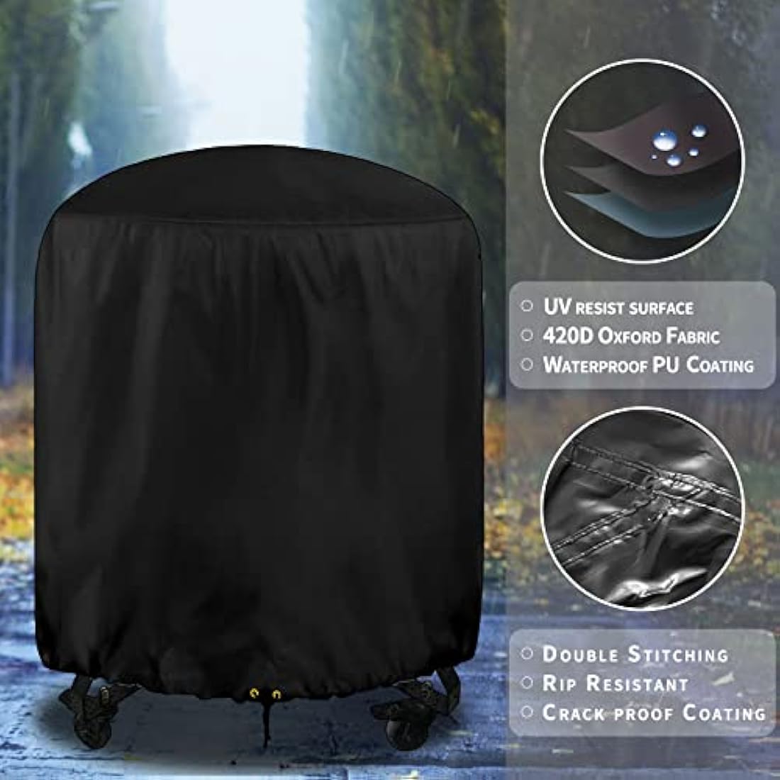 RICHIE Round Barbecue Cover, Kettle BBQ Cover 73x71cm Waterproof Heavy Duty 420D Oxford Fabric Round Gas Grill Covers with Drawstring Cord, Outdoor Grill Cover UV Resistant, Windproof & Rip-Proof