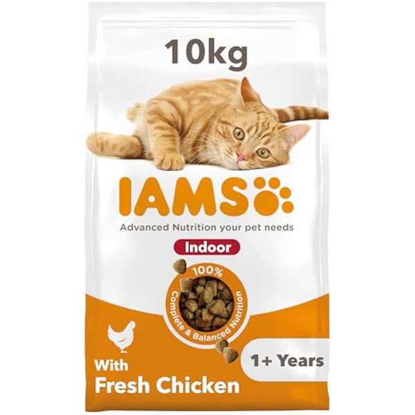 IAMS Indoor Complete Dry Cat Food Chicken 10kg - Litter Odour Control, Hairballs & Weight Management