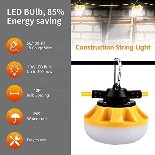 LED Work Light 100FT 100W Construction String Light 10 Integrated Lights 5000LM IP66 Waterproof LED Security Light Industrial Grade for Construction Sites Docks Fishing Boat Tunnel [Energy Class F]