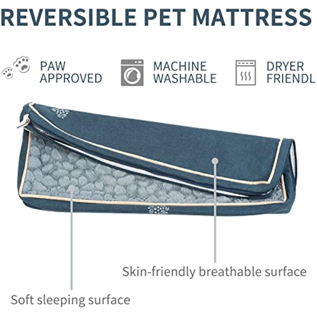VANKEAN Waterproof Reversible (Warm & Cool) Dog Mat with Machine Washable Cover, Crate Mat for Small to Large Dogs, Navy/Grey