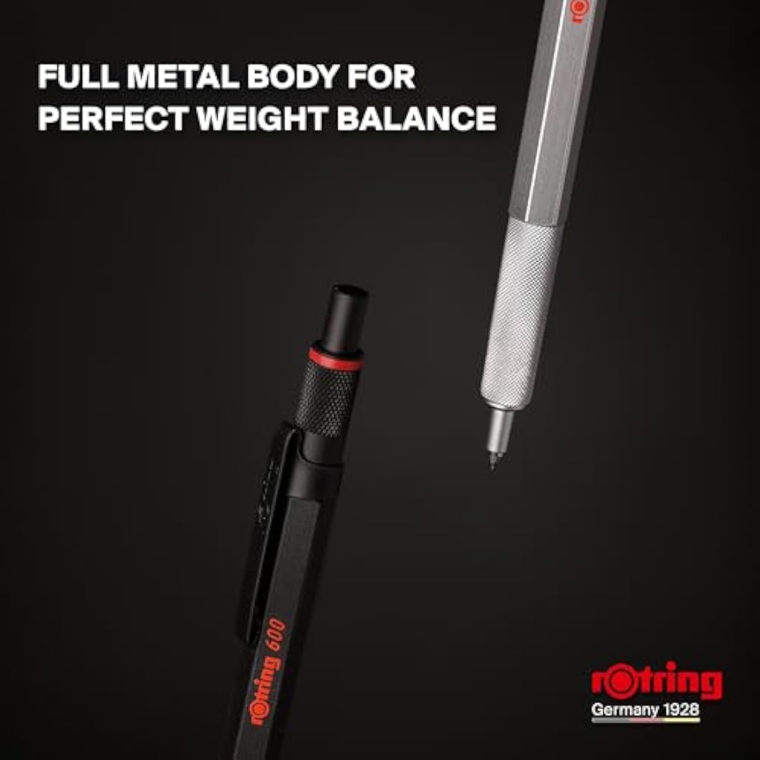 rOtring 600 Gel Pen | 0.55 mm | Black Ink | Silver Metal Body Pen | Non-Slip Knurled Grip & Hexagonal Barrel | Refillable