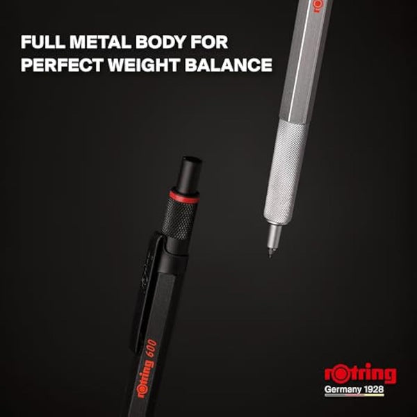 rOtring 600 Gel Pen | 0.55 mm | Black Ink | Black Metal Body Pen | Non-Slip Knurled Grip & Hexagonal Barrel | Refillable