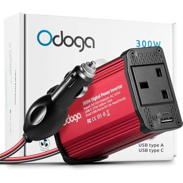 Odoga 300W Car Power Inverter 12V to 240V / 230V Converter, USB-A and USB-C 3A Charging Ports - Charge Your Laptop, iPad, iPhone, Tablet, Consoles & More - Durable and Powerful - Red Aluminum Body