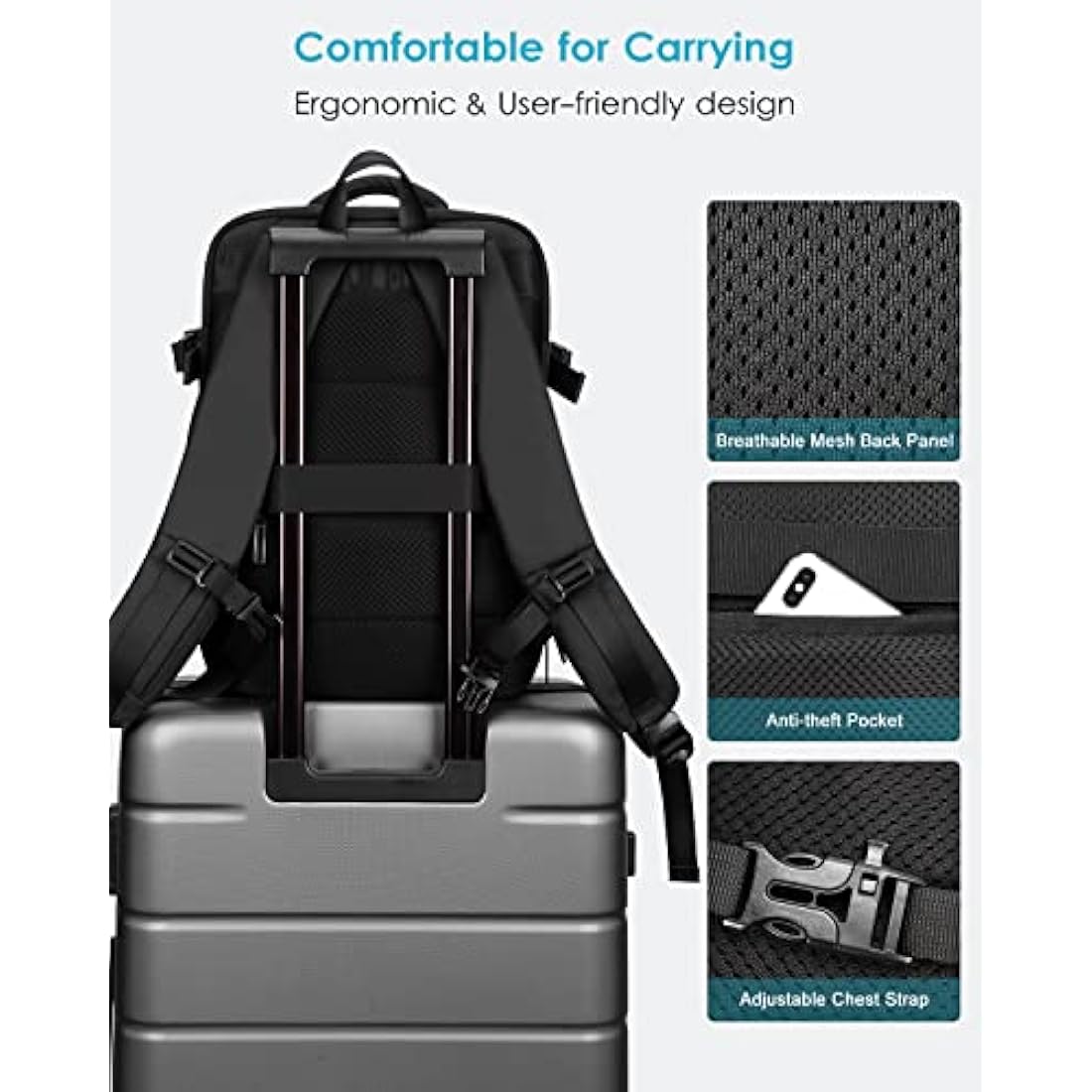 HOMIEE Easyjet Cabin Bags 22-40L Expandable Travel Backpack 45x30x17 Underseat Carry On Backpack Flight Approved Hand Luggage Suitcase 15.6 Inch Laptop Rucksack Fit Casual Daypack School Bag Black